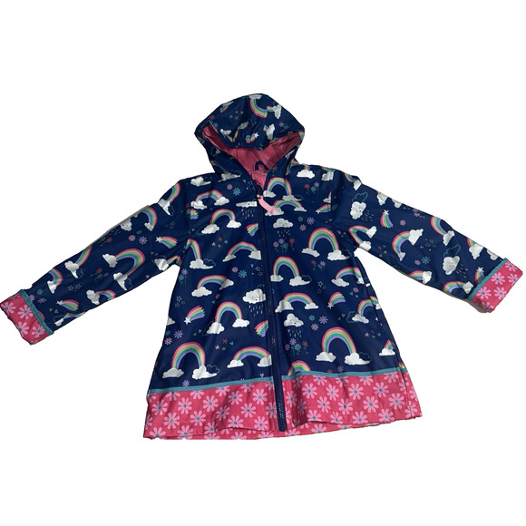 Stephen Joseph Girls 7/8 Raincoat Hooded Outdoor Playwear Rainbow Cool Weather - Picture 1 of 12